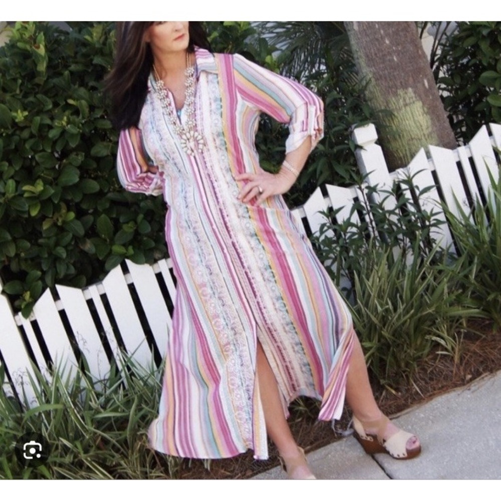Andree By Unit Striped Maxi Shirt Dress Women Large Colorful Embroidered Boho